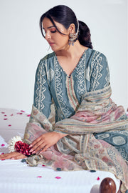 Pure Moga Silk Grey Embroidery And Batik Print Long Straight Cut Salwar Suit